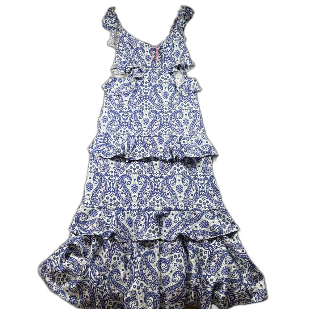 Simply Southern NWT Maxi Dress Tank Ruffles Cut Outs Blue Paisley Large L204